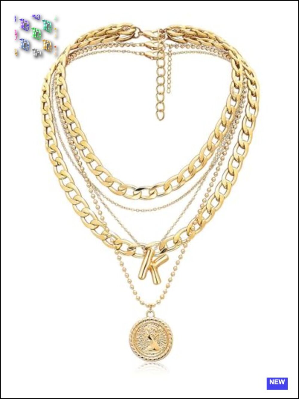 Layered Initial Coin Pendant Necklace Set 3 PCS Dainty Chunky Chain Alloy